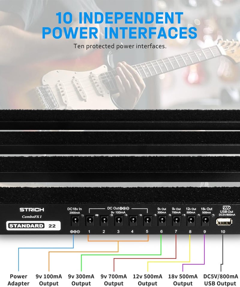 STRICH Guitar Pedal Board with Built-in Power Supply, Pedal Board 22 x 11" Lightweight 3.31lb Aluminum Alloy, PedalBoard with Pedal Cables, Bag, Hook Loop Strips PB-S22 - Image 3